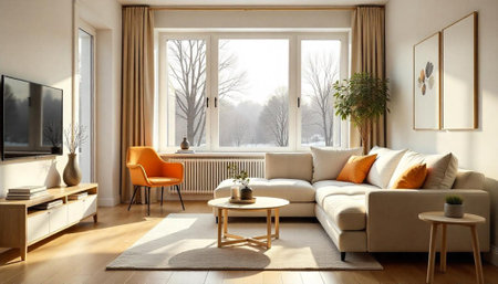 Bright modern living room with warm colors and natural light