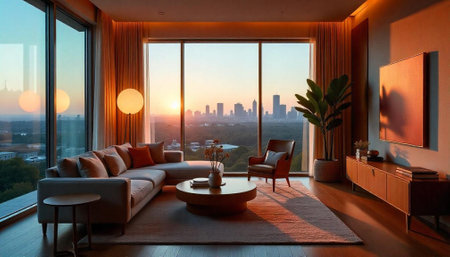Modern living room with cityscape view at golden hourの写真素材