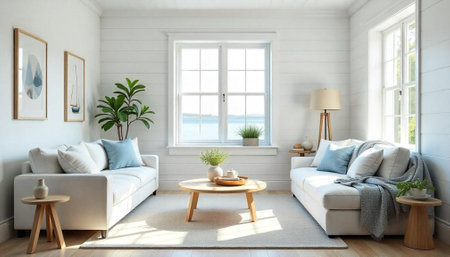Bright living room interior with twin sofas and natural lightの写真素材