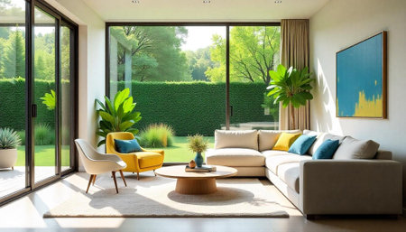 Sunlit living room showcasing modern design with neutral huesの写真素材
