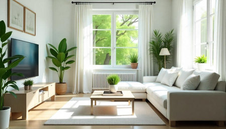 Bright modern living room with natural light and plantsの写真素材