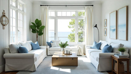 Bright coastal living room with white sofas and ocean viewの写真素材