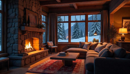 Cozy cabin living room with fireplace and snowy viewの写真素材