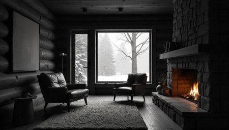 Cozy log cabin interior with winter landscape viewの写真素材