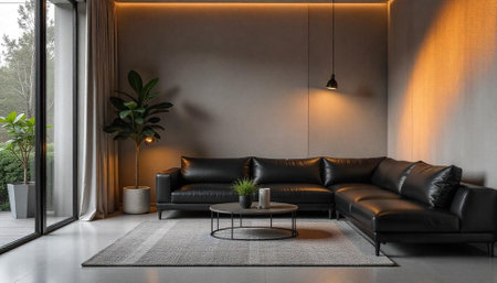 Modern living room with leather sofa and neutral tones