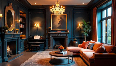 Elegant Living Room Interior Design with Fireplace and Pianoの写真素材