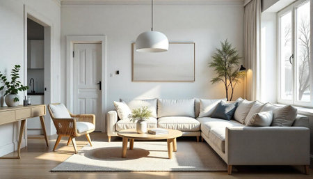 Bright and spacious living room showcasing modern Scandinavian designの写真素材