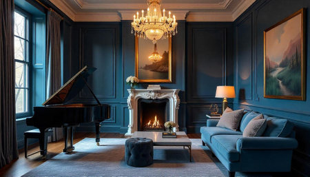 Elegant blue living room with piano and fireplace scene