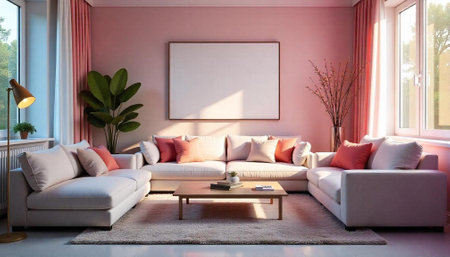 Cozy living room with blank canvas and warm lightingの写真素材