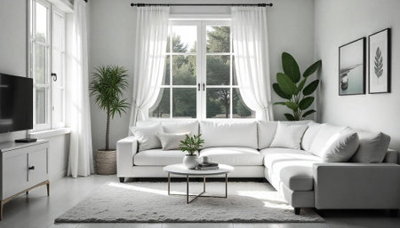 Bright living room featuring a white sofa and plants