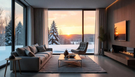 Modern living room interior with winter sunrise view