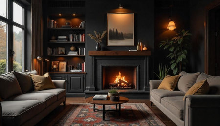 Cozy living room with fireplace and stylish furnitureの写真素材
