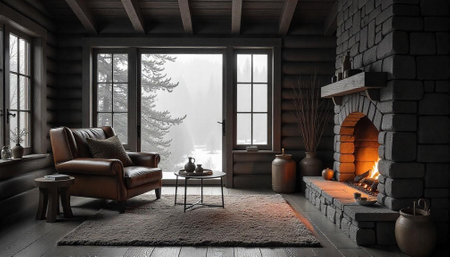 Cozy rustic cabin interior with fireplace during winterの写真素材
