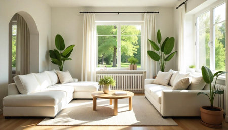 Bright living room with white sofas and garden viewの写真素材