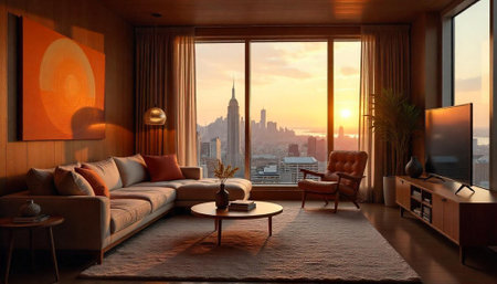 Modern living room overlooking New York City at sunsetの写真素材