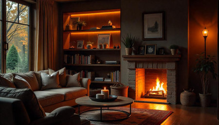 Cozy living room with fireplace on an autumn evening