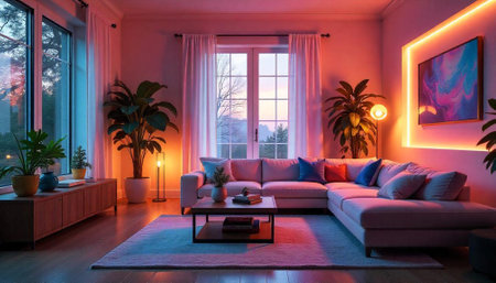 Elegant Living Room Interior with Sunset Lighting and Accentsの写真素材