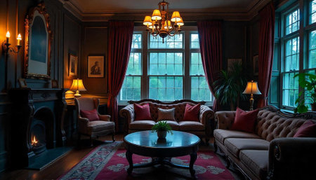 Elegant dark living room with window and natural lightの写真素材