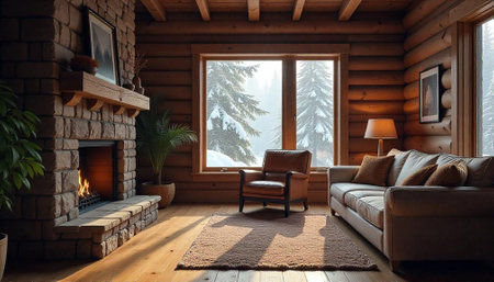 Cozy log cabin interior with fireplace and winter viewの写真素材