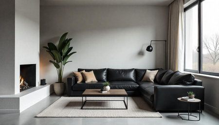 Modern living room with black sofa and fireplaceの写真素材