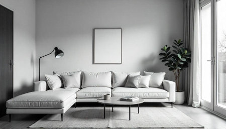Minimalist living room with white sofa and decorの写真素材