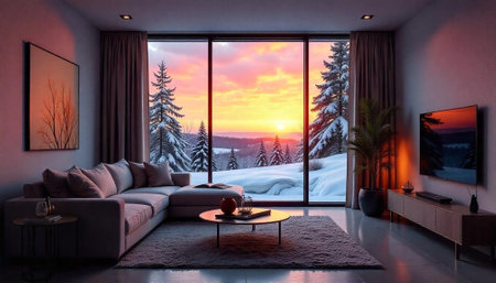 Cozy living room with a snowy mountain view at sunsetの写真素材