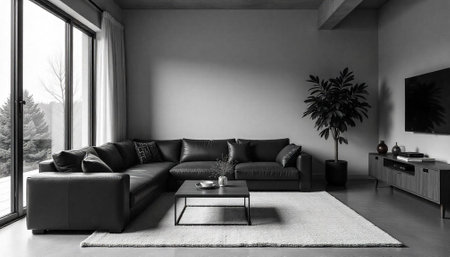Monochromatic Living Room Interior with Modern Furniture and Natural Lightの写真素材