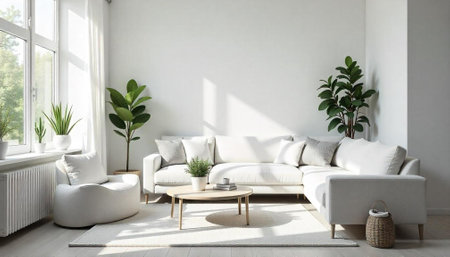 Bright living room with white sofa and green plants