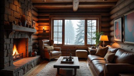 Cozy log cabin interior with fireplace and snowy viewの写真素材