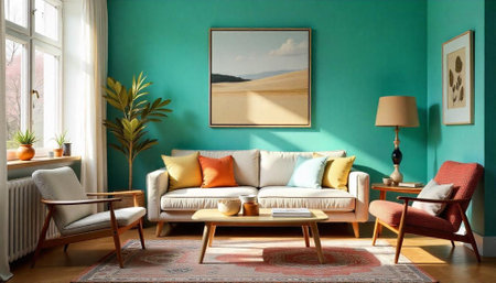 Comfortable living room interior with stylish furniture arrangementの写真素材