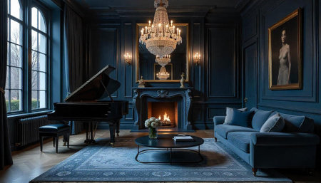 Elegant Blue Interior with Grand Piano and Fireplace Sceneの写真素材
