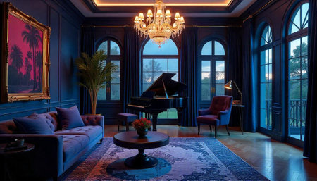 Elegant living room interior with grand piano and chandelierの写真素材