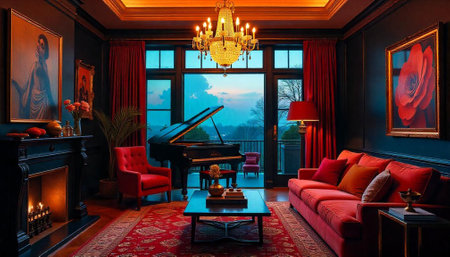 Elegant living room featuring grand piano and classic designの写真素材