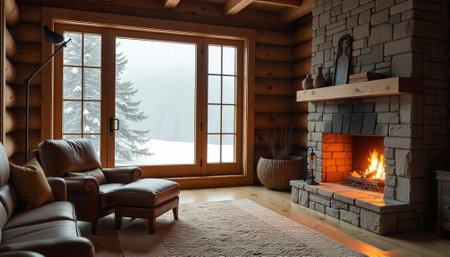 Cozy log cabin interior with fireplace and snowy view