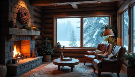 Cozy log cabin interior with fireplace and winter viewの写真素材