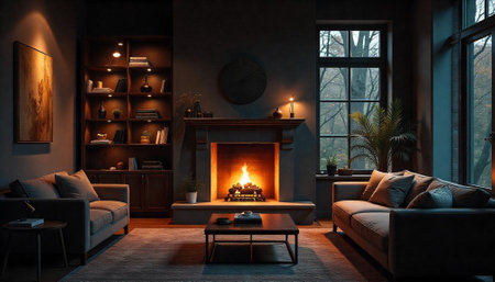 Cozy living room with fireplace and warm neutral tonesの写真素材