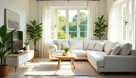 Bright living room with white sofa and natural light