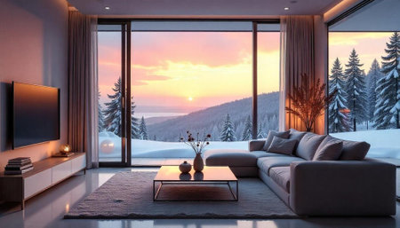Modern living room interior with a snowy mountain viewの写真素材