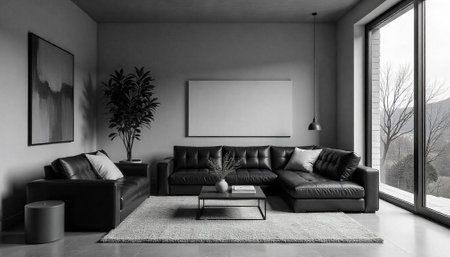 Modern living room with black leather sofa and rugの写真素材