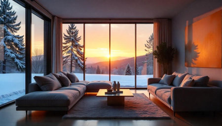 Modern living room with winter landscape and sunset viewの写真素材