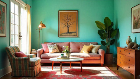 Retro living room interior with vibrant colors and natural light