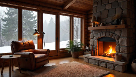 Cozy Cabin Interior with Fireplace, Chair, and Snowy Viewの写真素材