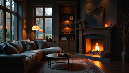 Cozy living room with fireplace in autumn mood