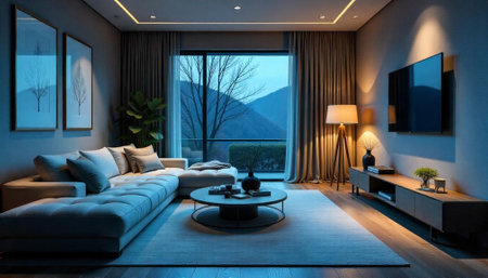 Modern living room with mountain view and ambient lightingの写真素材