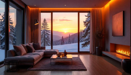 Modern Living Room with Winter Landscape at Sunset Viewの写真素材