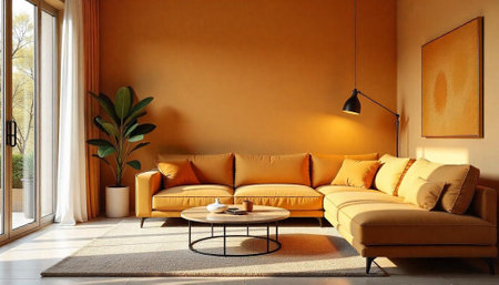 Warm toned living room with modern furniture and accentsの写真素材