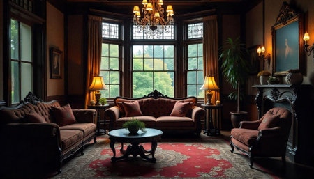 Elegant Victorian living room bathed in soft light atmosphereの写真素材