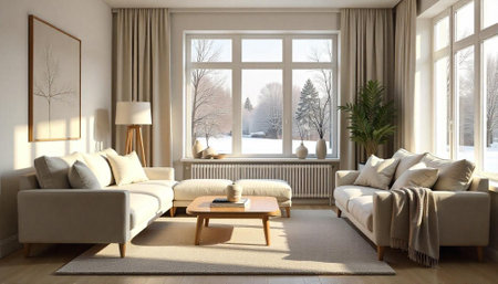 Bright winter living room with neutral color palette and cozy atmosphere