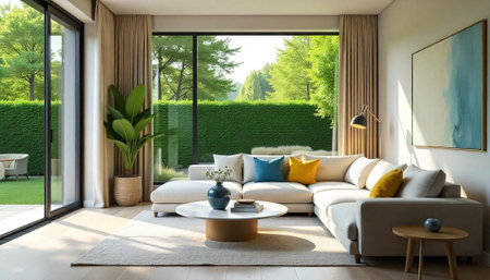 Sunlit modern living room with garden view and neutral tones