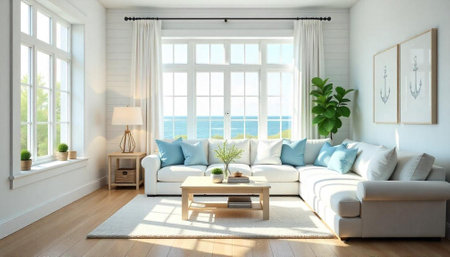 Bright coastal living room with ocean view, nautical detailsの写真素材